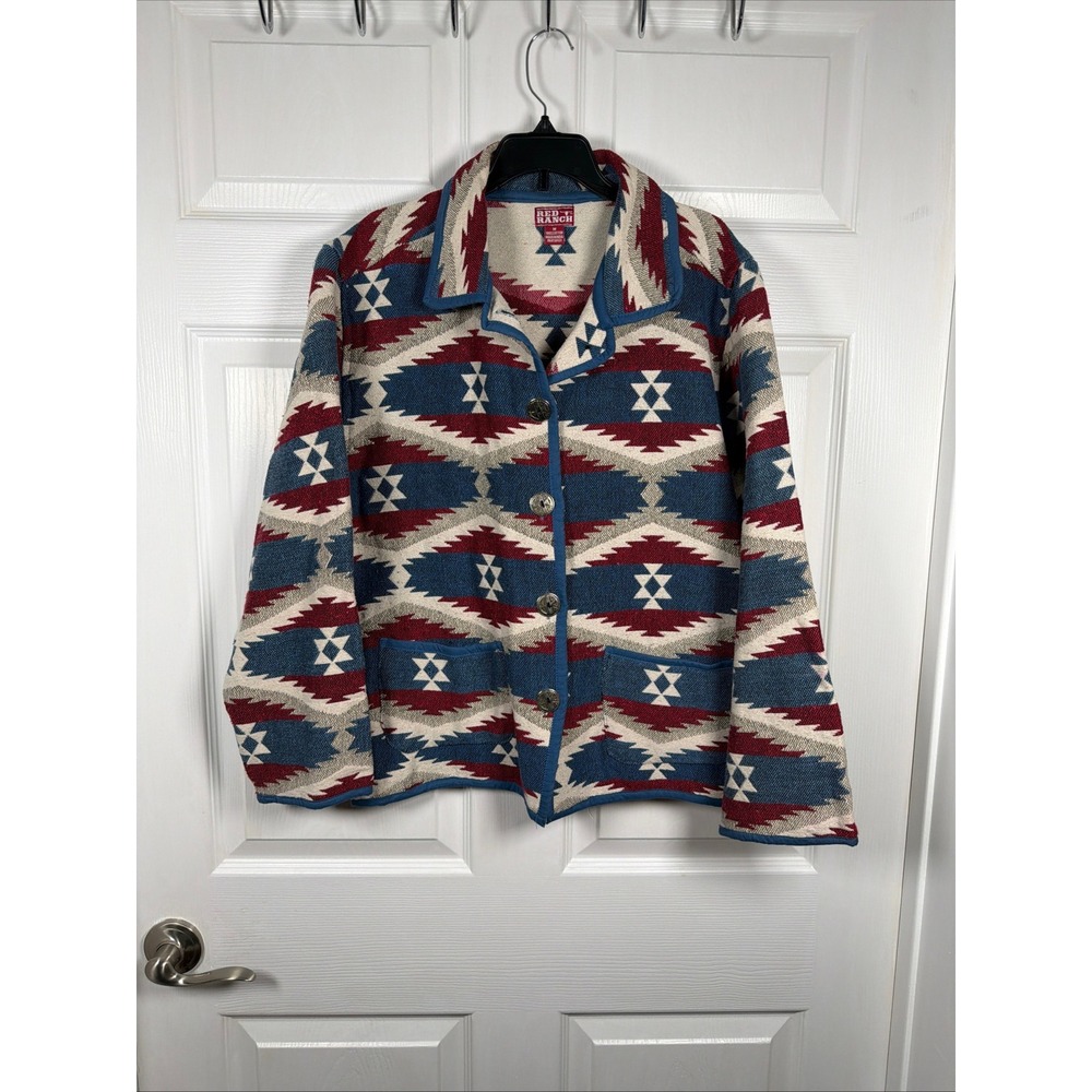 Red Ranch Womens Southwestern Cotton Blanket Jacket Blue Red Geometric Medium
